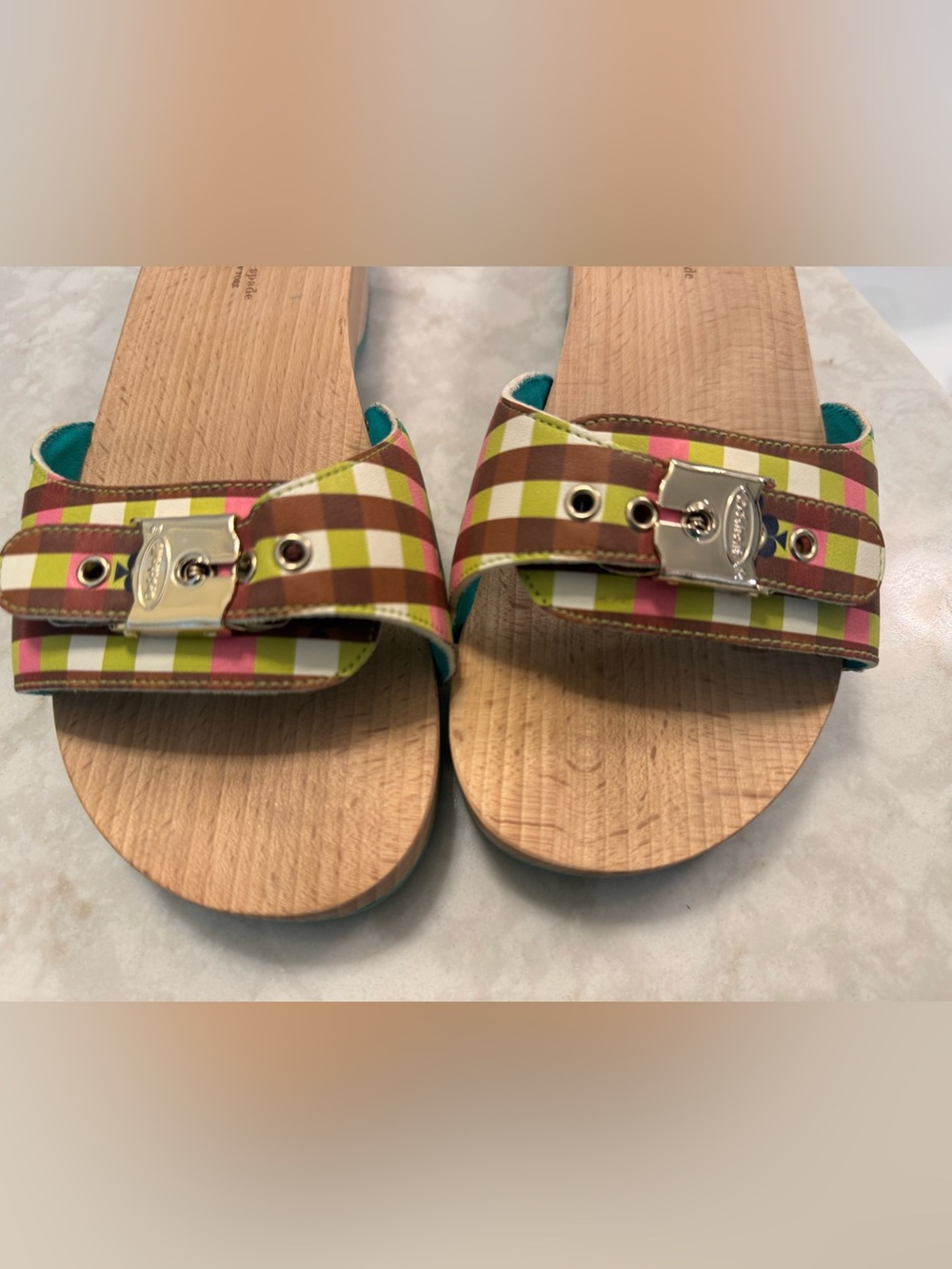 Dr. Scholls  for Kate spade Check-Print Buckle Sandals in Pink, Green & Brown